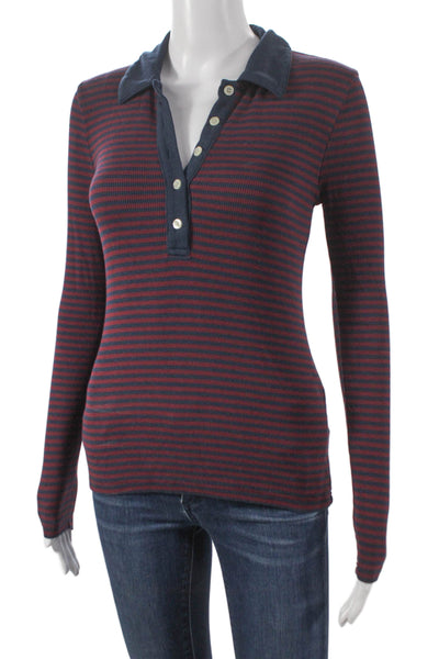 J Crew Women Red Striped Collared Long Sleeve Polo Size XS