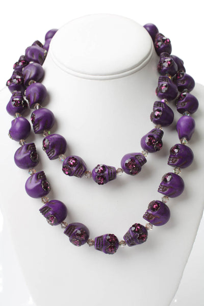 Shebee Womens 925 Silver Purple Ceramic+Resin Crystal Sugar Skull Necklace 40"