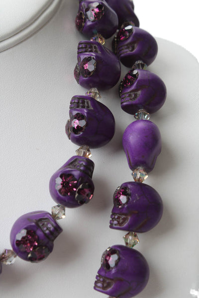 Shebee Womens 925 Silver Purple Ceramic+Resin Crystal Sugar Skull Necklace 40"