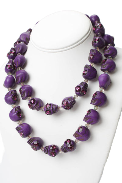 Shebee Womens 925 Silver Purple Ceramic+Resin Crystal Sugar Skull Necklace 40"