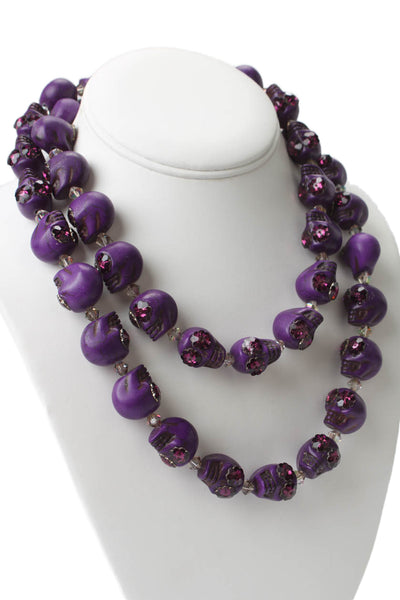 Shebee Womens 925 Silver Purple Ceramic+Resin Crystal Sugar Skull Necklace 40"