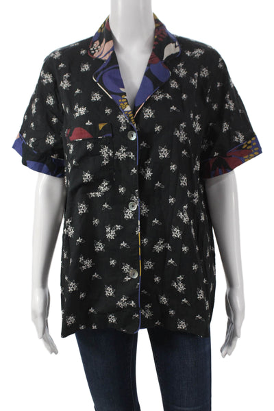 Warm Womens Black Floral Cotton Collared Short Sleeve Button-Up Top Size 3