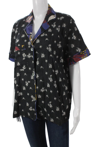 Warm Womens Black Floral Cotton Collared Short Sleeve Button-Up Top Size 3