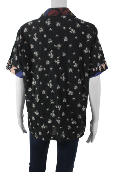 Warm Womens Black Floral Cotton Collared Short Sleeve Button-Up Top Size 3