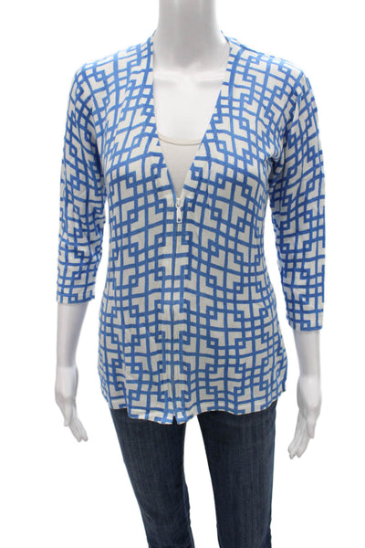 Lafayette 148 New York Womens Blue V-Neck 3/4 Sleeve Blouse Size M