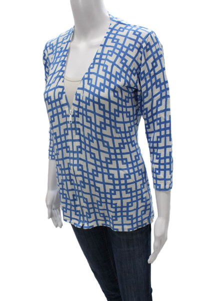 Lafayette 148 New York Womens Blue V-Neck 3/4 Sleeve Blouse Size M