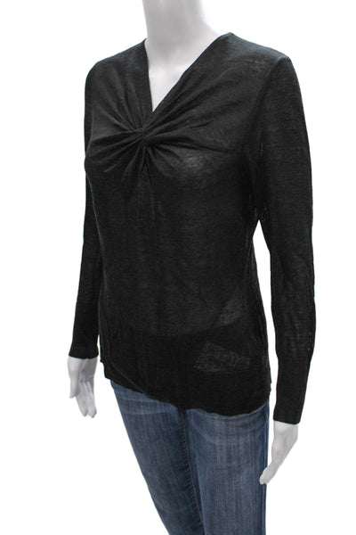 Lafayette 148 New York Women Black Linen Blend V-Neck Pullover Sweater Size S