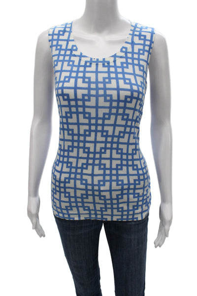 Lafayette 148 New York Women Blue Cotton Scoop Neck Geometric Basic Tank Size M
