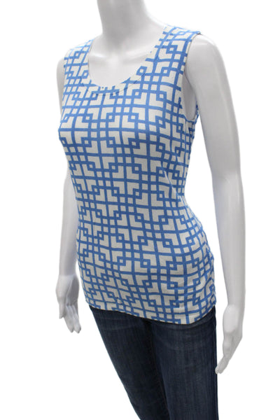 Lafayette 148 New York Women Blue Cotton Scoop Neck Geometric Basic Tank Size M