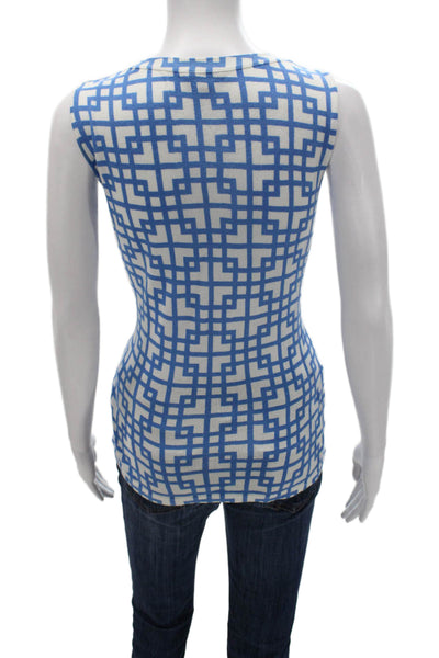 Lafayette 148 New York Women Blue Cotton Scoop Neck Geometric Basic Tank Size M
