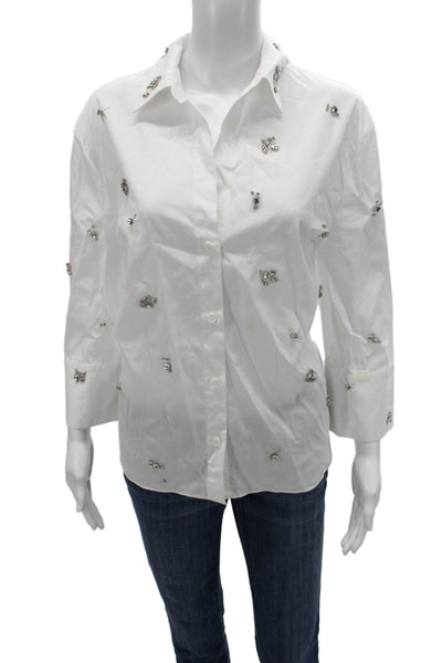 Zara Womens Cotton Collared Basic Button-Up 3/4 Sleeve White Size L