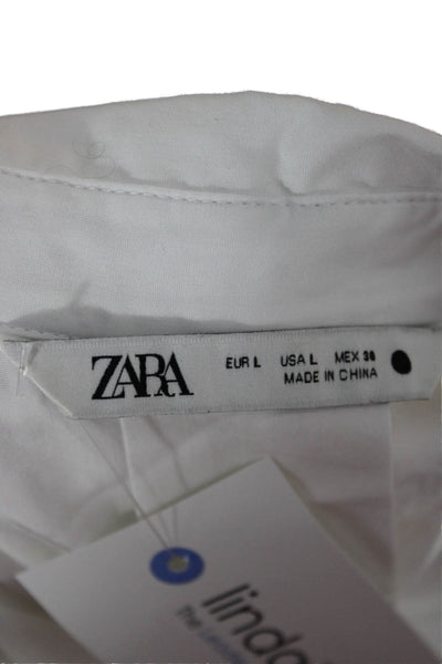 Zara Womens Cotton Collared Basic Button-Up 3/4 Sleeve White Size L