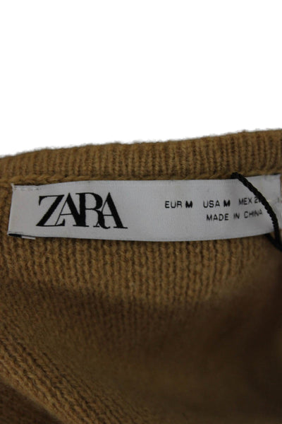 Zara Womens V Neck Wool Cardigan Sweater Long Sleeve Brown Size M