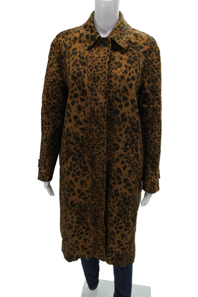 Zara Womens Brown Animal Print Cotton Overcoat Button Long Sleeve Size XS