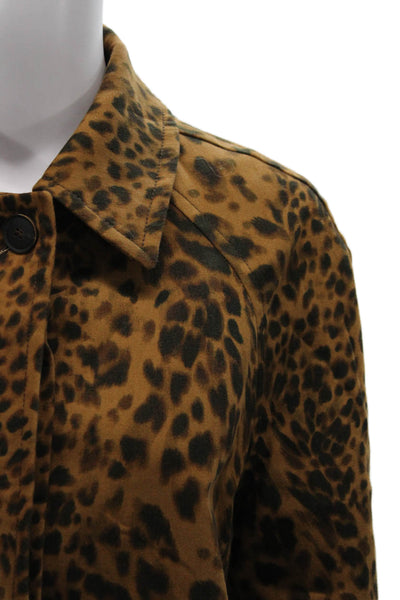 Zara Womens Brown Animal Print Cotton Overcoat Button Long Sleeve Size XS