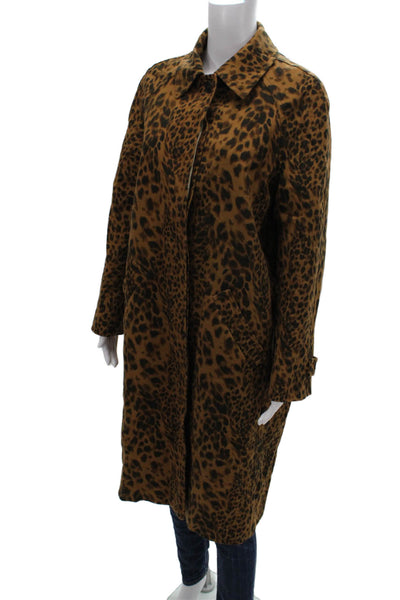 Zara Womens Brown Animal Print Cotton Overcoat Button Long Sleeve Size XS