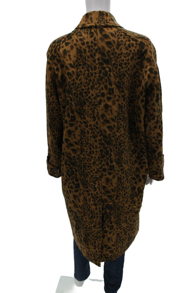 Zara Womens Brown Animal Print Cotton Overcoat Button Long Sleeve Size XS