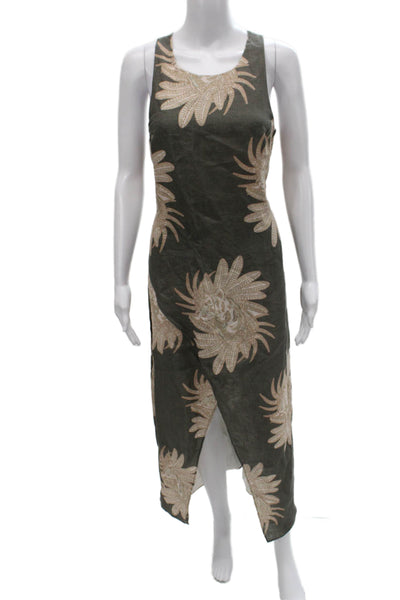 Las Surenas Women Maxi Floral Linen Sleeveless Dress Green Size M