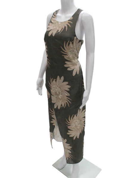 Las Surenas Women Maxi Floral Linen Sleeveless Dress Green Size M