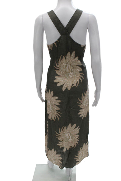 Las Surenas Women Maxi Floral Linen Sleeveless Dress Green Size M