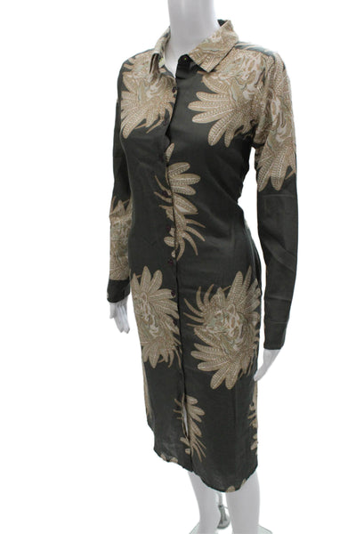 Las Surenas Women Shirt Dress Green Floral Collared Long Sleeve Cotton Size XS