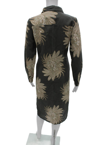 Las Surenas Women Shirt Dress Green Floral Collared Long Sleeve Cotton Size XS