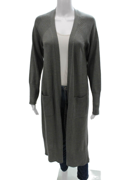Tahari Women Gray V-Neck Merino Wool Cardigan Long Sleeve Solid Size M