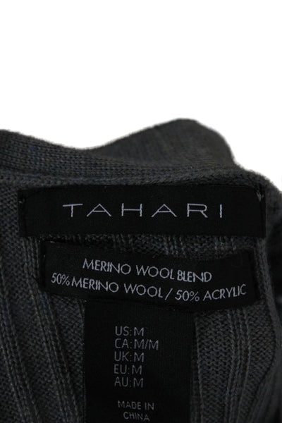 Tahari Women Gray V-Neck Merino Wool Cardigan Long Sleeve Solid Size M