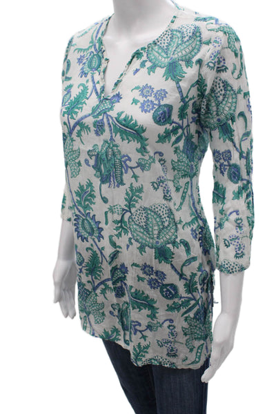 Roller Rabbit Womens Floral Tunic V Neck 3/4 Sleeve Multicolor Size S