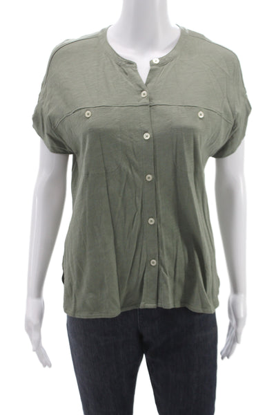 Lilla P Womens Army Green Basic Button Up Blouse Short Sleeve Size XS