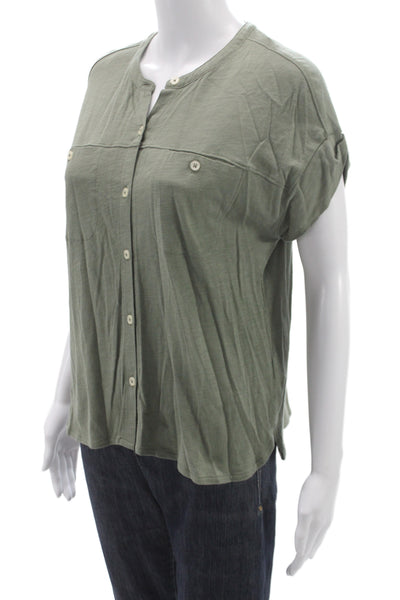 Lilla P Womens Army Green Basic Button Up Blouse Short Sleeve Size XS