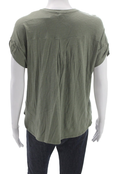 Lilla P Womens Army Green Basic Button Up Blouse Short Sleeve Size XS