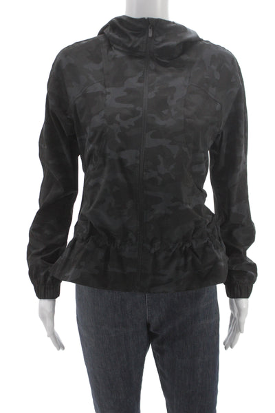 Lululemon Womens Black Camo Nylon Windbreaker Jacket High Neck Size 4
