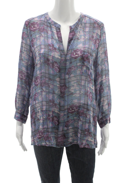 Joie Women Tunic Blouse Blue Silk V-Neck Long Sleeve Plaid Floral Button Size S