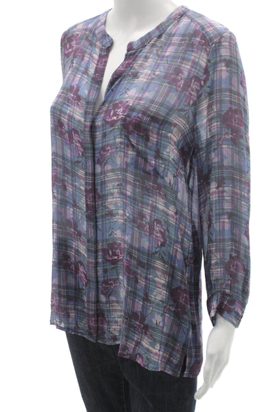 Joie Women Tunic Blouse Blue Silk V-Neck Long Sleeve Plaid Floral Button Size S
