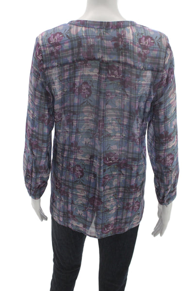 Joie Women Tunic Blouse Blue Silk V-Neck Long Sleeve Plaid Floral Button Size S