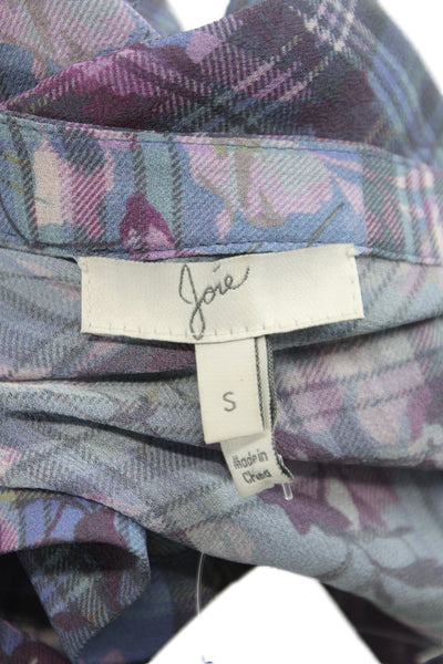 Joie Women Tunic Blouse Blue Silk V-Neck Long Sleeve Plaid Floral Button Size S