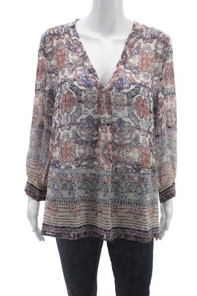 Joie Women Silk Geometric V-Neck Tunic Long Sleeve Multicolor Size S