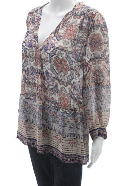 Joie Women Silk Geometric V-Neck Tunic Long Sleeve Multicolor Size S