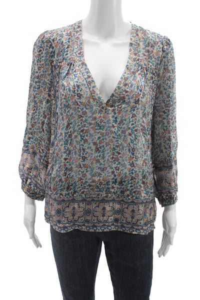 Joie Womens V-Neck Boho Floral Tunic Long Sleeve Button Cuff Multicolor Size S