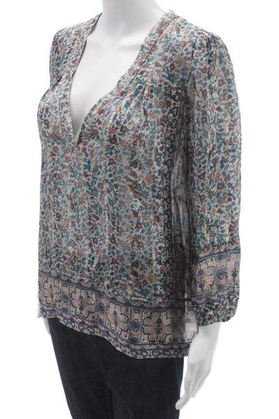 Joie Womens V-Neck Boho Floral Tunic Long Sleeve Button Cuff Multicolor Size S