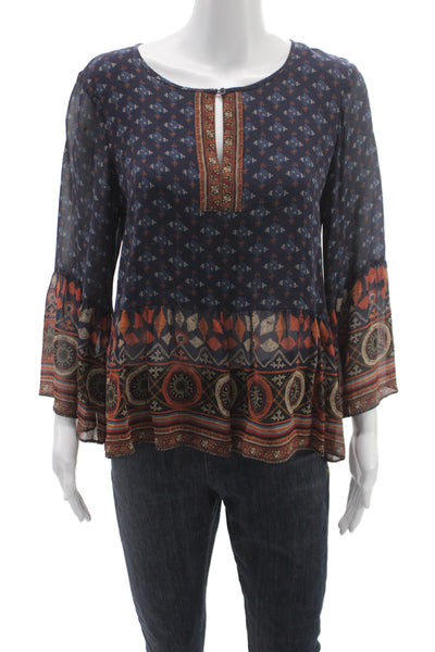 Joie Women Tunic Multicolor Silk Blend Geometric Round Neck 3/4 Sleeve Size S