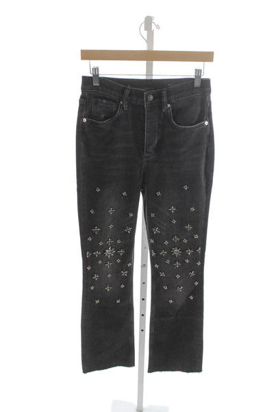 Allsaints Women Cropped Black Cotton Blend High Rise Jeans Size 25