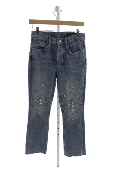 Allsaints Womens Straight Jeans Blue Cotton High Rise Embellished Size 25