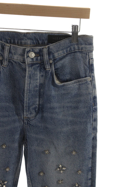 Allsaints Womens Straight Jeans Blue Cotton High Rise Embellished Size 25