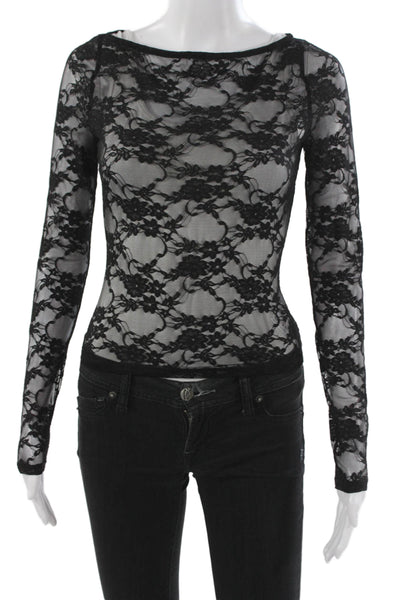 Reformation Womens Black Lace Floral Boat Neck Long Sleeve Blouse Size XS