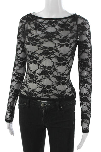 Reformation Womens Black Lace Floral Boat Neck Long Sleeve Blouse Size XS