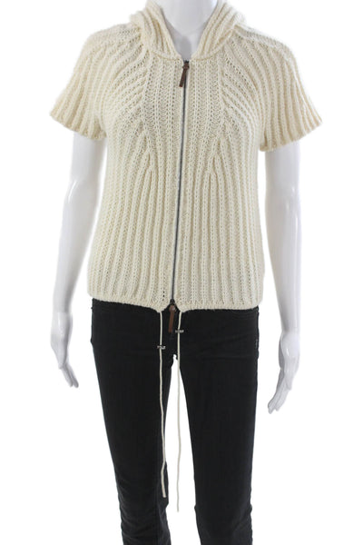 CIVIDINI Women Hooded Full Zip Knit Sweater Ivory Short Sleeve Size 40
