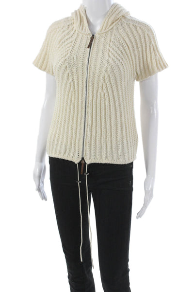 CIVIDINI Women Hooded Full Zip Knit Sweater Ivory Short Sleeve Size 40