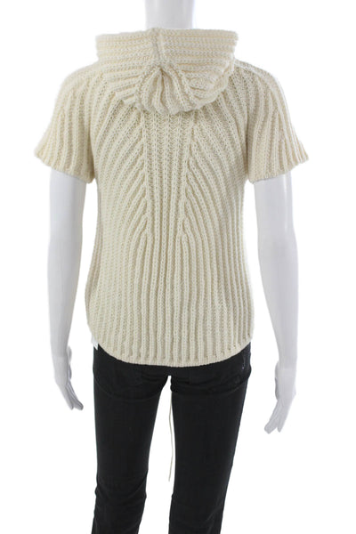 CIVIDINI Women Hooded Full Zip Knit Sweater Ivory Short Sleeve Size 40